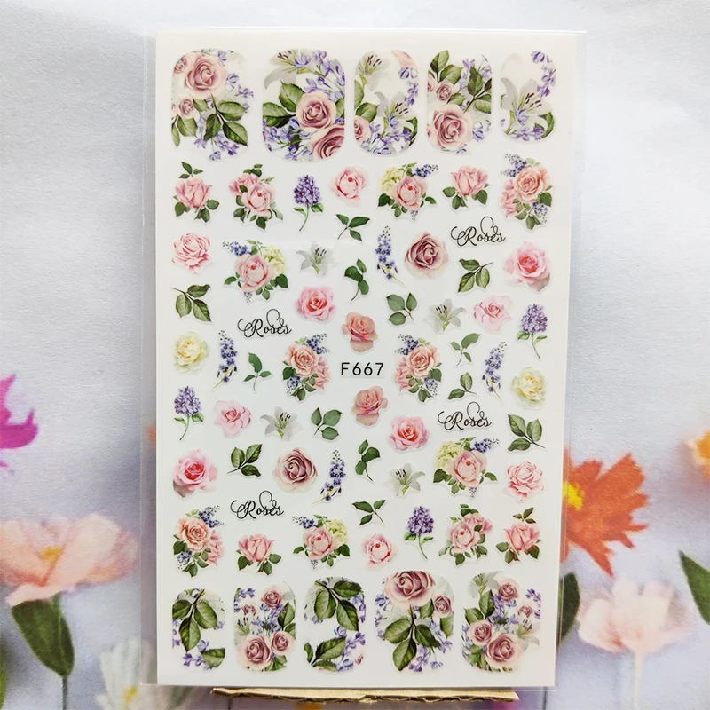 3D Nail Sticker Primavara Toamna Trandafir Roz de Flori de Unghii Lipici Autocolante Frunze Bud Buchet Linie Autocolante pentru Manichiura Nail Art Decor