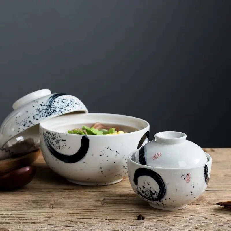 4.5/6.5 Inch Stil Japonez Ceramice Desert Oală Tocană Creative Supa Cu Taitei Ramen Castron De Uz Casnic Castron De Orez Cu Capac Set De Cină