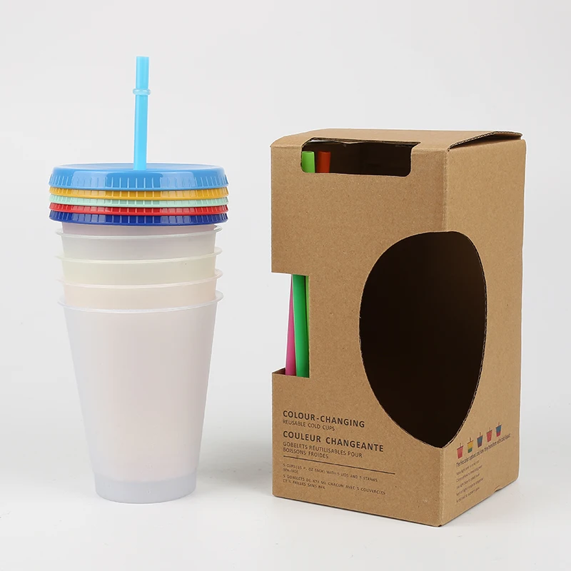 473ml Reutilizabile Paie Cupa Cu Capac 5 buc Pahar de Plastic de Cafea de Suc de Paie Cana de Schimbare a Culorii Cupa Portabil de Plastic Paie Cupa