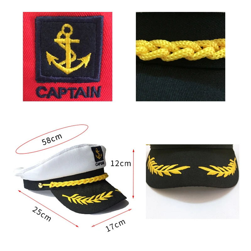 Adult Yacht Militare Pălării Barca Comandantul Navei Marinar Căpitanul Costum Pălărie reglabil Capac Marinei Amiralul Marin Bărbați Femei Alb Rosu