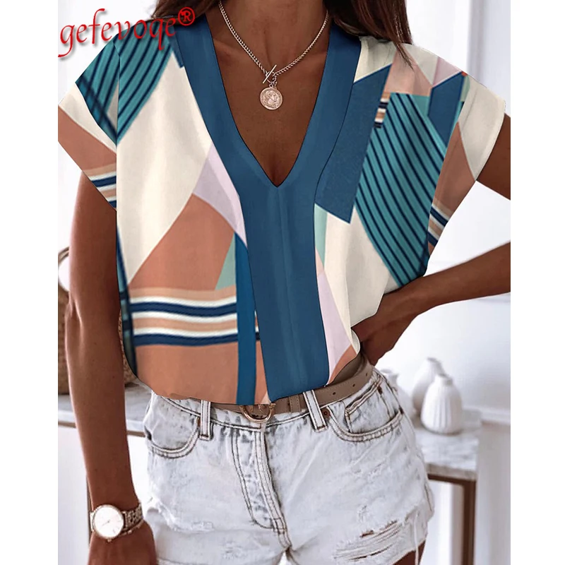 Bluze Femme Vara Femei de Epocă Elegant V Neck Short Sleeve Print Camasa Casual Bluza Femei Topuri Blusas Mujer De Moda 2021