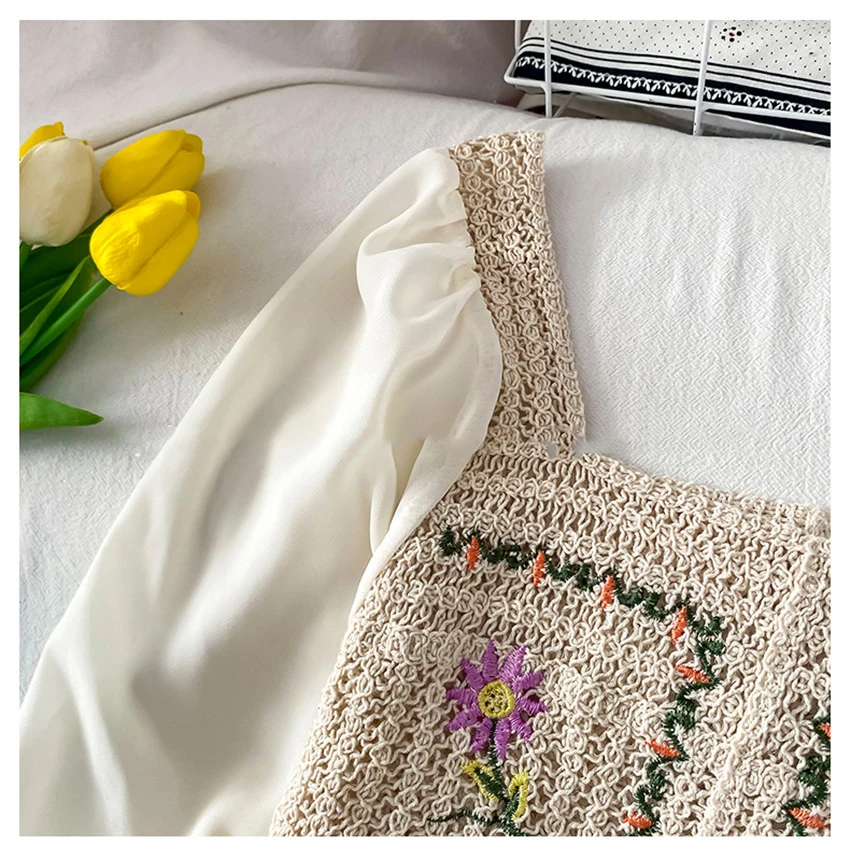 Boho Primăvară Șifon Bluza Topuri Femeile Puff Maneca Crochet Crop Top Broderii Florale Blusa Blusas Mujer De Moda 2021