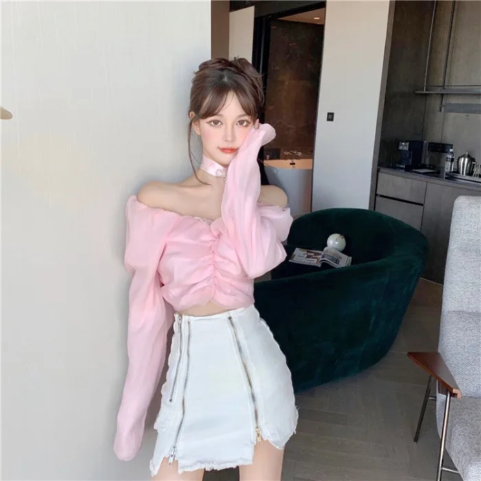 Brand de moda coreeană Sslash Neck Crop Top cu Maneci Lungi Sexy Subțire Șifon Bluza Feminin Dulce Stil de Îmbrăcăminte pentru Femei Toamna anului Nou