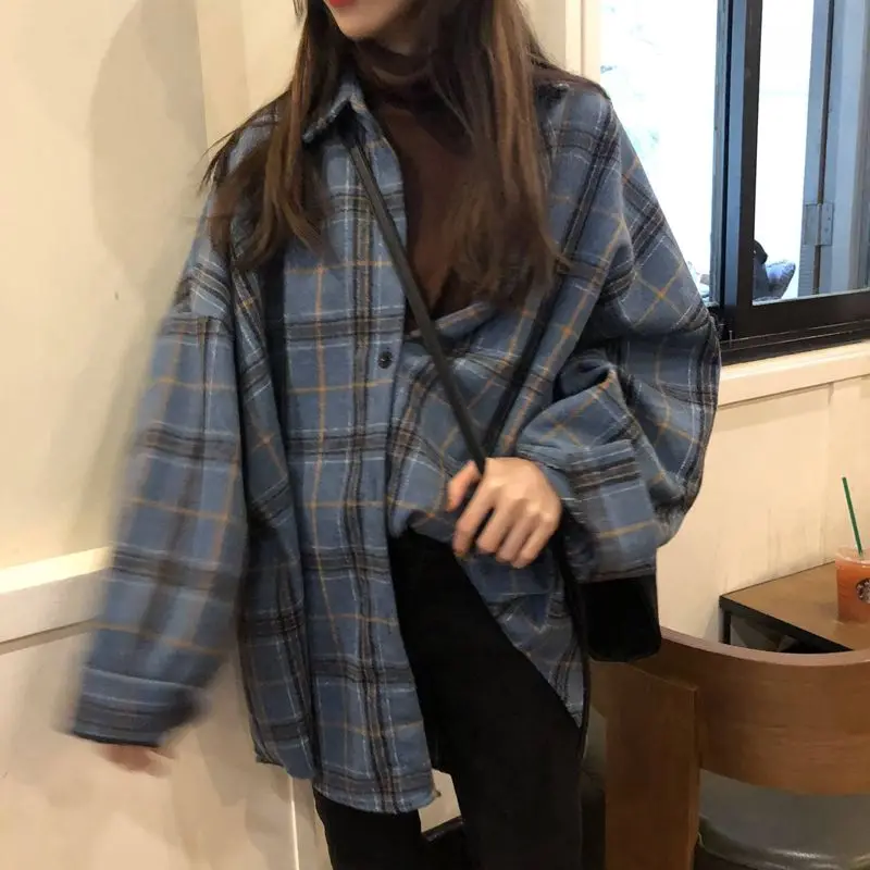 Femei Toamna cu Maneca Lunga Bluza Tricouri Tricou carouri Supradimensionate femei Top Casual, de Strada Doamna coreean Supradimensionat de Top de Moda Vintage