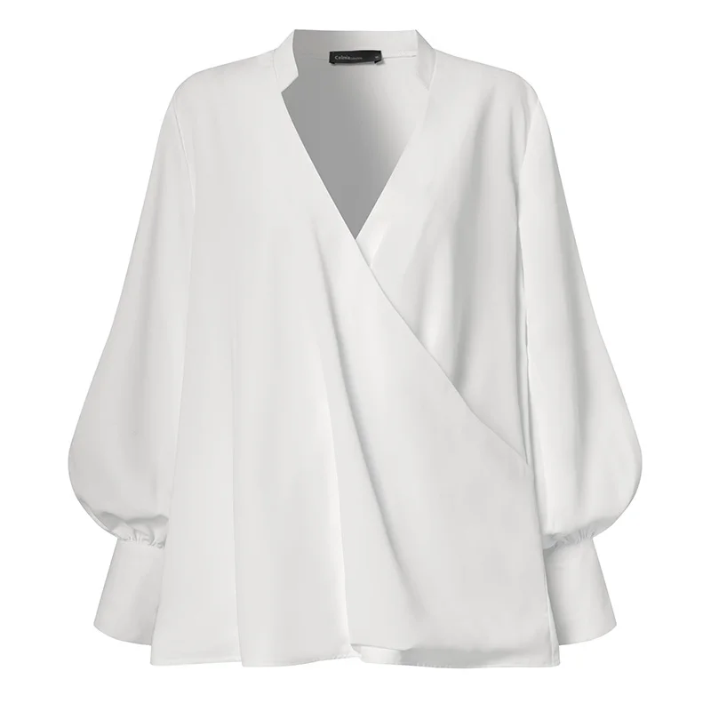 Femei Topuri si Bluze 2021 Celmia Office-Eleganta, Bluza Casual cu Maneca Lunga Sexy V-Neck Neregulat Plisată Albă Blusas Femininas