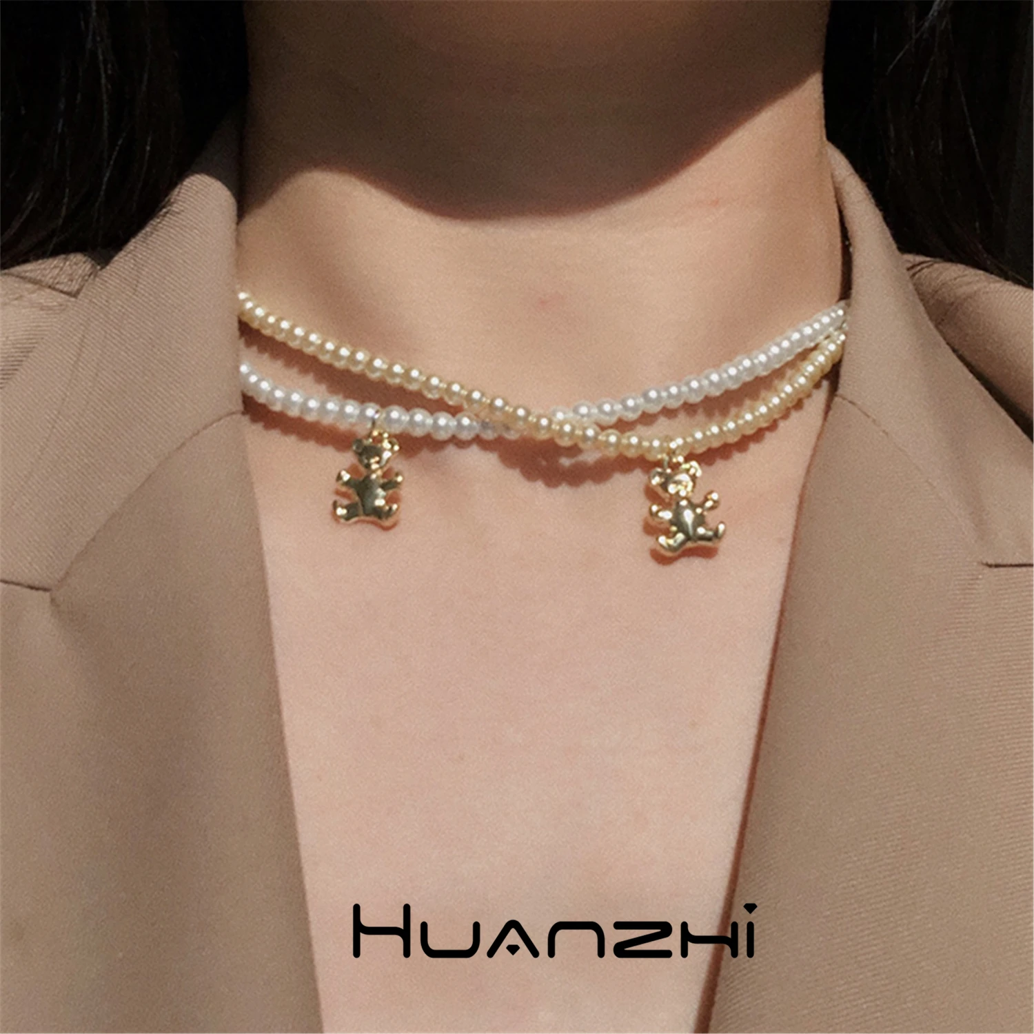 HUANZHI 2021 NOU la Modă Imitație Pearl poartă de Metal Pandantiv de Aur de Culoare Lanț Colier cu Margele Colier Pentru Femei Accesorii