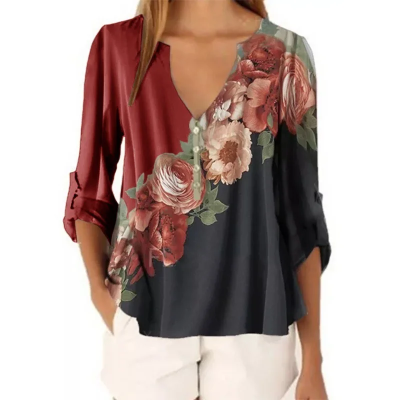 Imprimate Bluza Femei 2021 Vara Toamna de Moda V-neck Mâneci Lungi Stil Casual Șifon Material Confortabil Slăbiți Plus Dimensiune