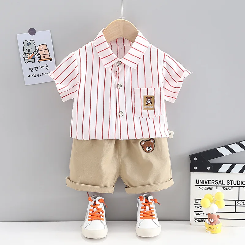 Noua Moda De Vara Baieti Frumos Îmbrăcăminte Ursul Desene Animate Costume Copii Rever Cu Dungi T-Shirt+Scule Pantaloni Scurți Copilul Utilaje