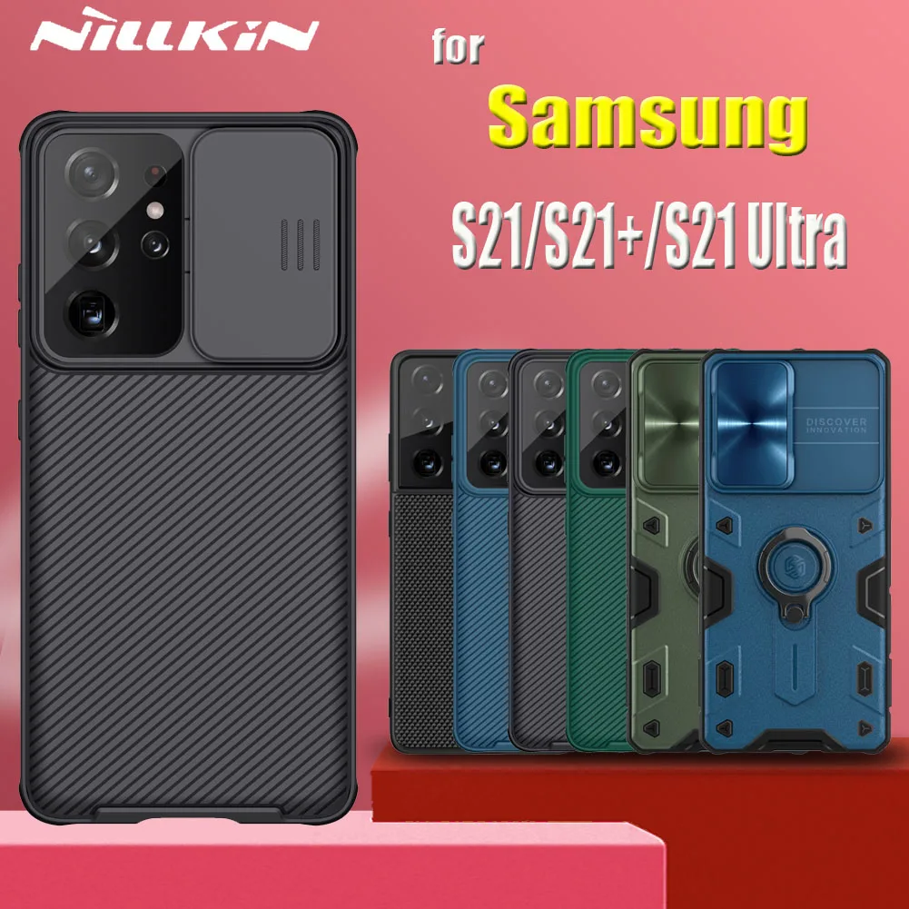 Pentru Samsung Galaxy S21 Ultra / S21 Plus 5G Caz Nillkin Armor Slide Camera Lens Protect Textură Mată Moale Flip din Piele Acoperi