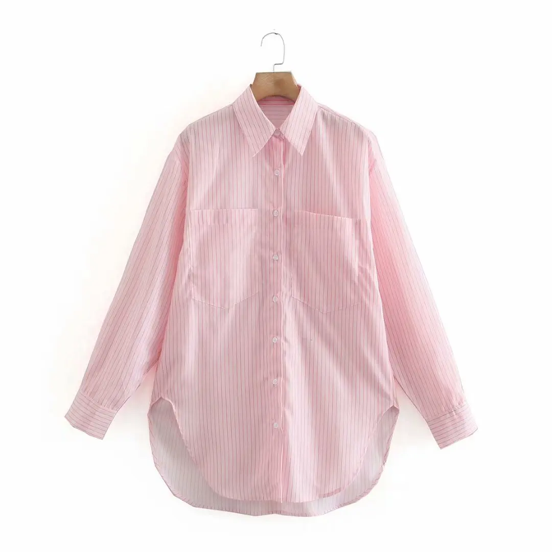 Primavara-vara vrac pink stripe camasa vintage plus dimensiune hming stil za femei 2021 sheining vadiming bluza tricou LKD2173