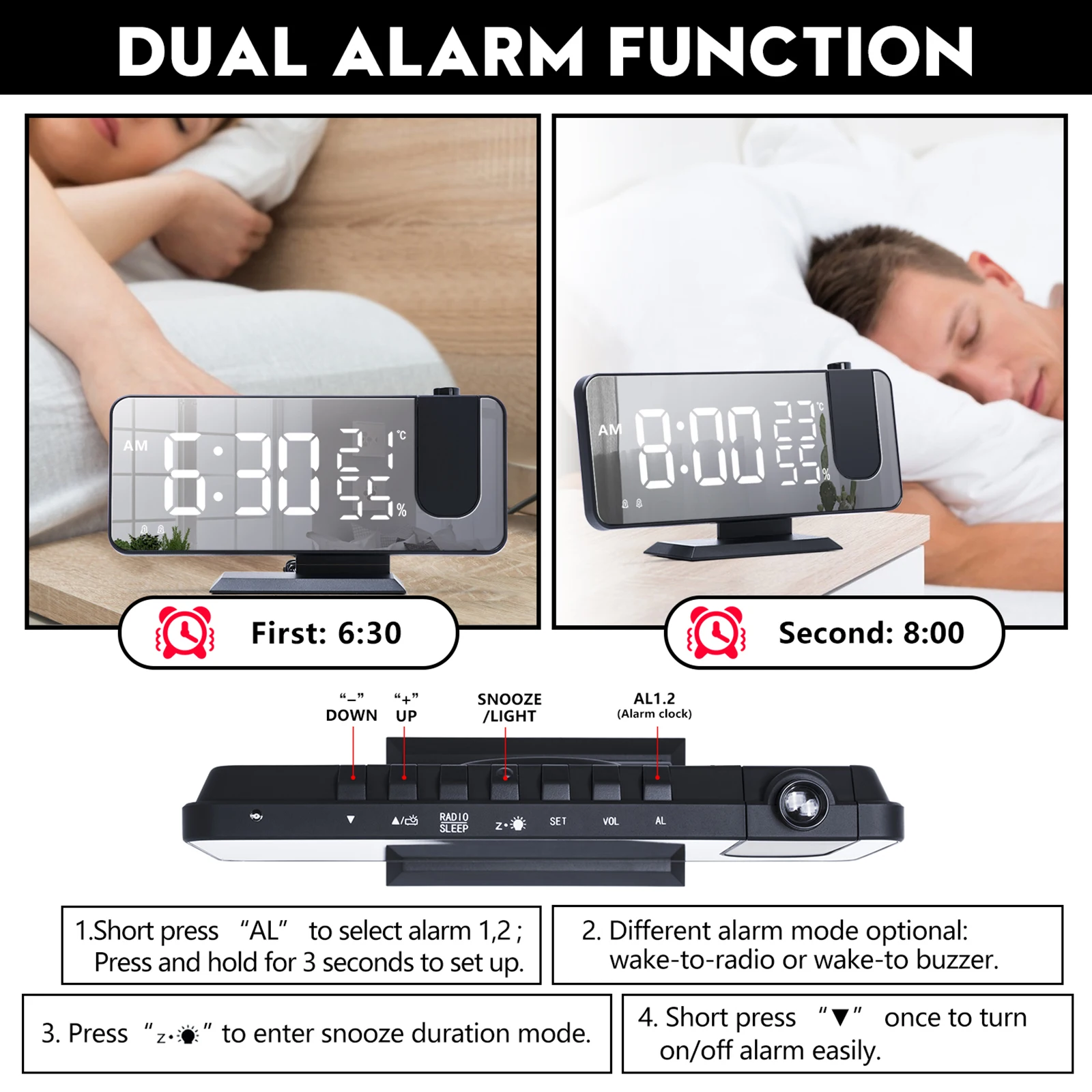 Proiector Ceas cu Alarma Ceas cu Alarmă Radio FM cu Ecran Oglinda pentru Dormitor USB de Trezire Proiector Funcția Snooze