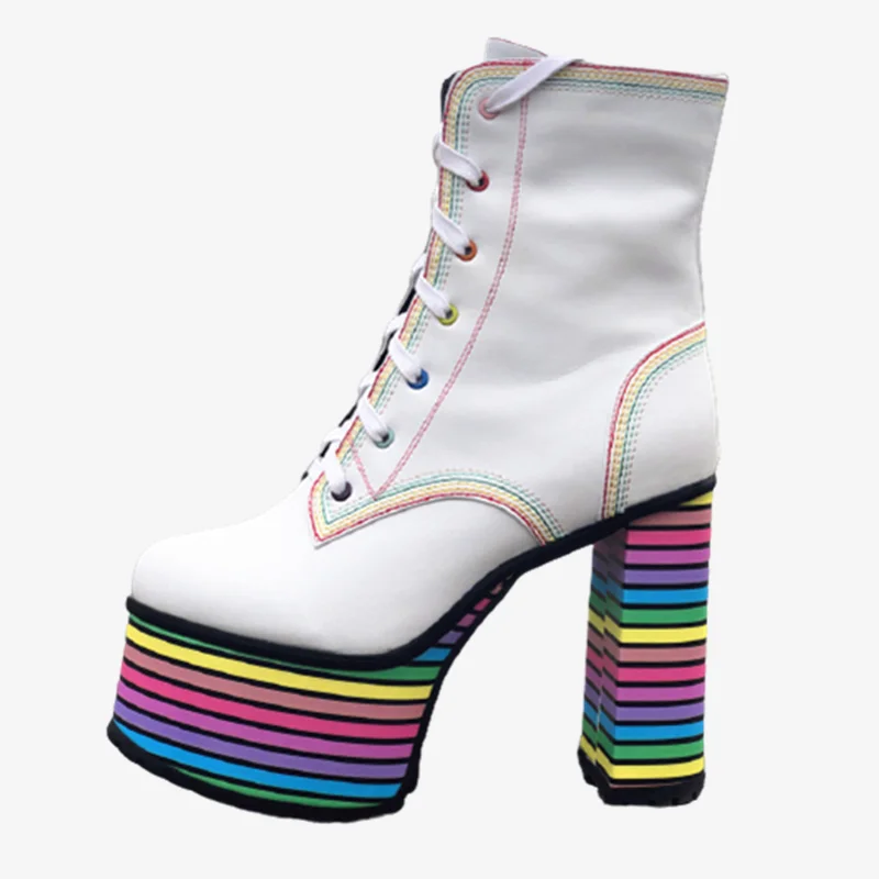 Rainbow Femei Glezna Cizme Înalte Tocuri Platforma Cizme Scurte Club de noapte Pătrat Pantofi cu Toc Petrecerea Doamnelor Gros Unic Dantela-up Cizme