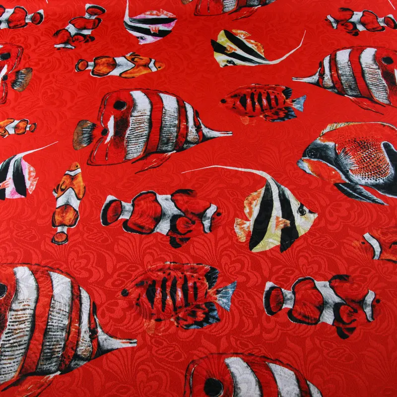 Red Pește de Culoare Imprimate Tesatura Jacquard Mantou pentru Femei Rochie din Poliester Țesut Toamna Poarte Costume de BRICOLAJ, Materiale de Îmbrăcăminte de Nuntă Tesatura