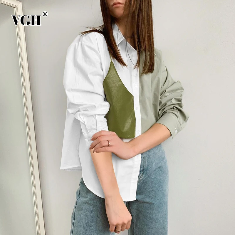 VGH Lovit Casual, de Culoare Tricouri Pentru Femei Rever Maneca Lunga Direct Mozaic din Piele PU Bluze Largi de sex Feminin coreeană de Moda de Primăvară