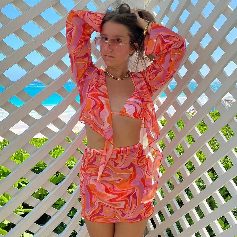 Vezi Prin Y2K Bikini Sexy cu Ochiuri Tie Dye Print cu Maneci Lungi Crop Top pentru Femei Bandaj Tricouri 2021 Vara Transparent Plaja
