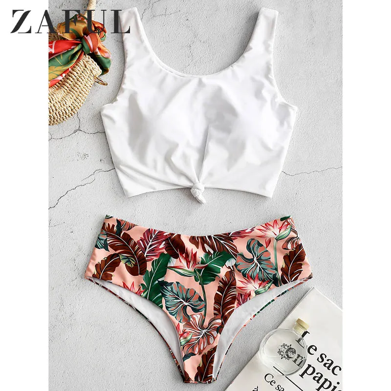 ZAFUL Tankini Tropicale cu Frunze Înnodate Bikini Set de Sârmă Gratuit Captusit Costum de baie Crop Top Triunghi pantaloni scurti Beach pentru Femei de Vara Costume de baie