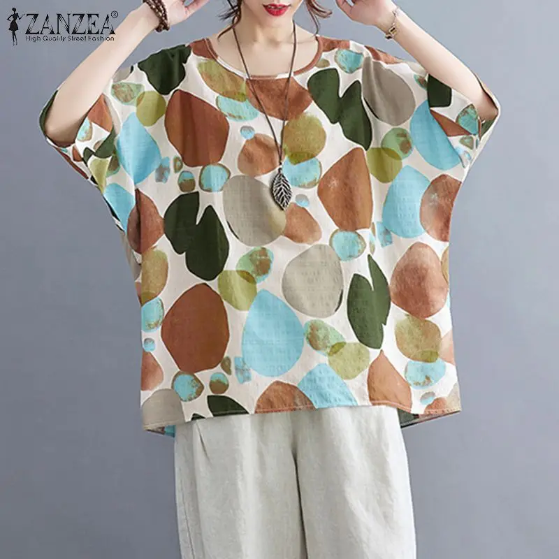 ZANZEA Femei Bluza de Vara Vintage Maneca Jumătate Geometrice Imprimate Topuri Largi Retro Tricouri Topuri Lejere de Vacanta Bat Bluza Oversized