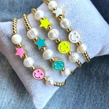 5Pcs, Moda Handmade Email Smiley Stele Bratara Cadou Pentru Fata, Perla de Aur de Bijuterii cu Margele de Stivuire Bratari Macrame